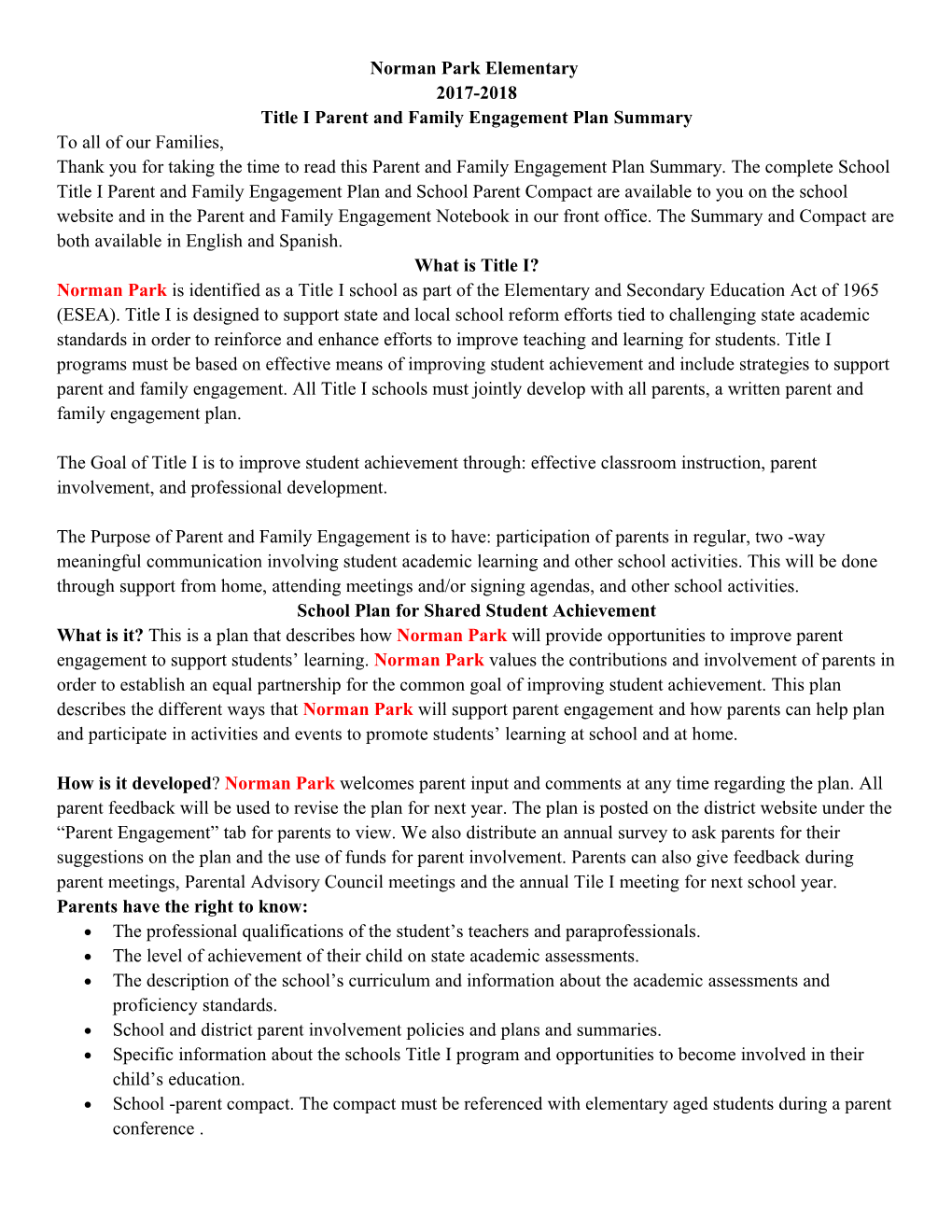 Title I Parent and Family Engagement Plan Summary