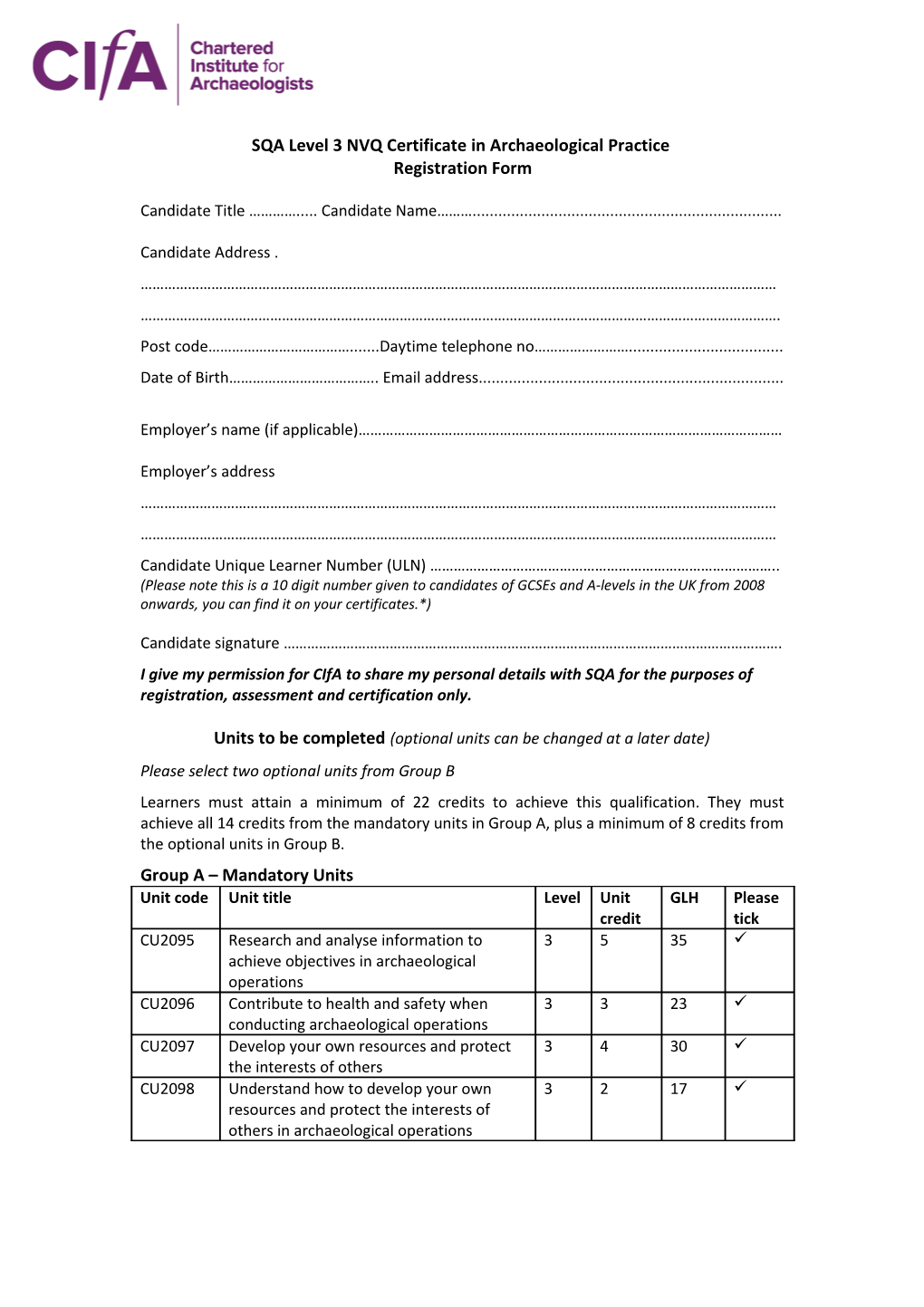 NVQ in Archaeological Practice Registration Form