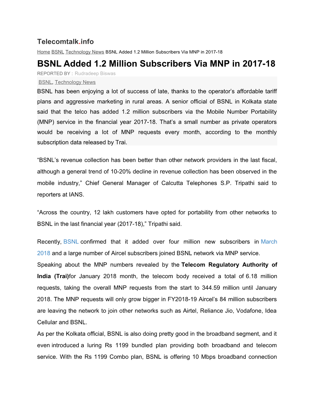 BSNL Added 1.2 Million Subscribers Via MNP in 2017-18