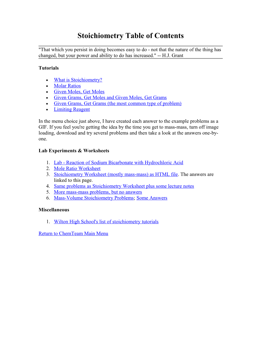 Stoichiometry Table of Contents