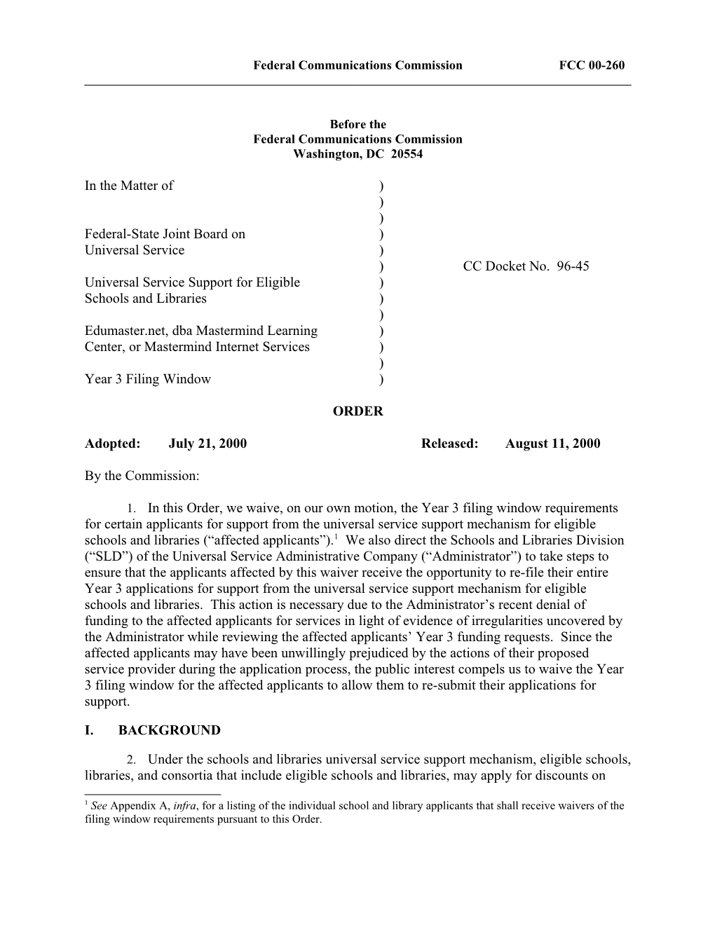 Federal Communications Commission FCC 00-260