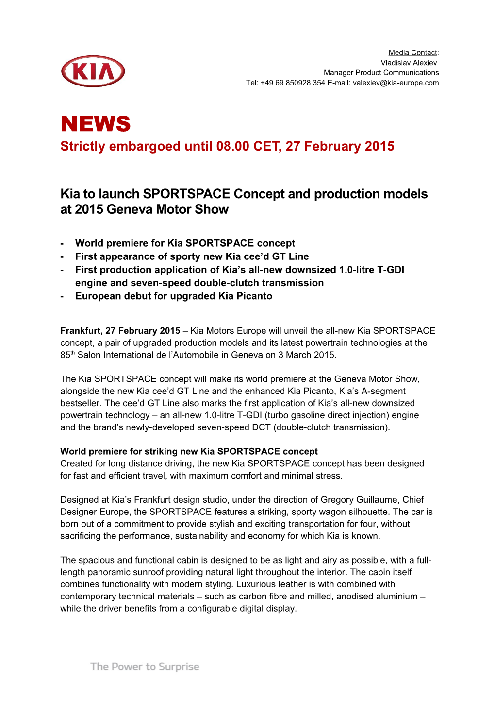 Kia to Launch SPORTSPACE Concept and Production Models at 2015 Geneva Motor Show