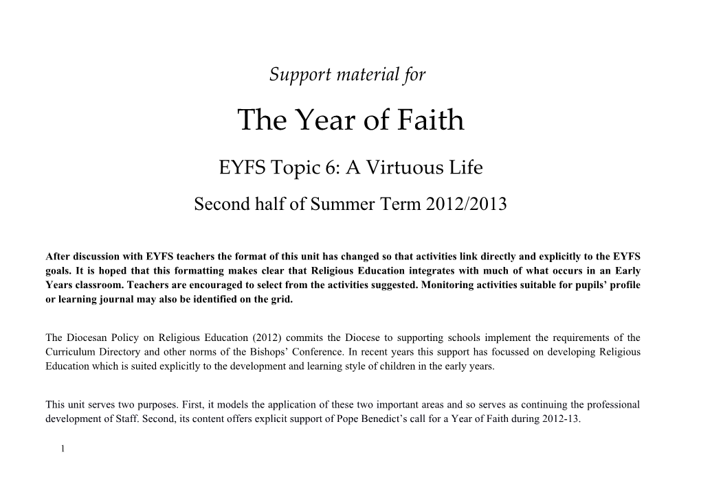 EYFS Topic 6: a Virtuous Life