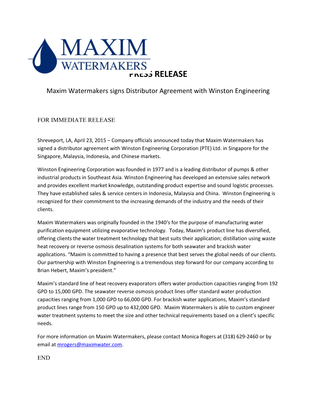 Maxim Watermakerssigns Distributor Agreement with Winston Engineering