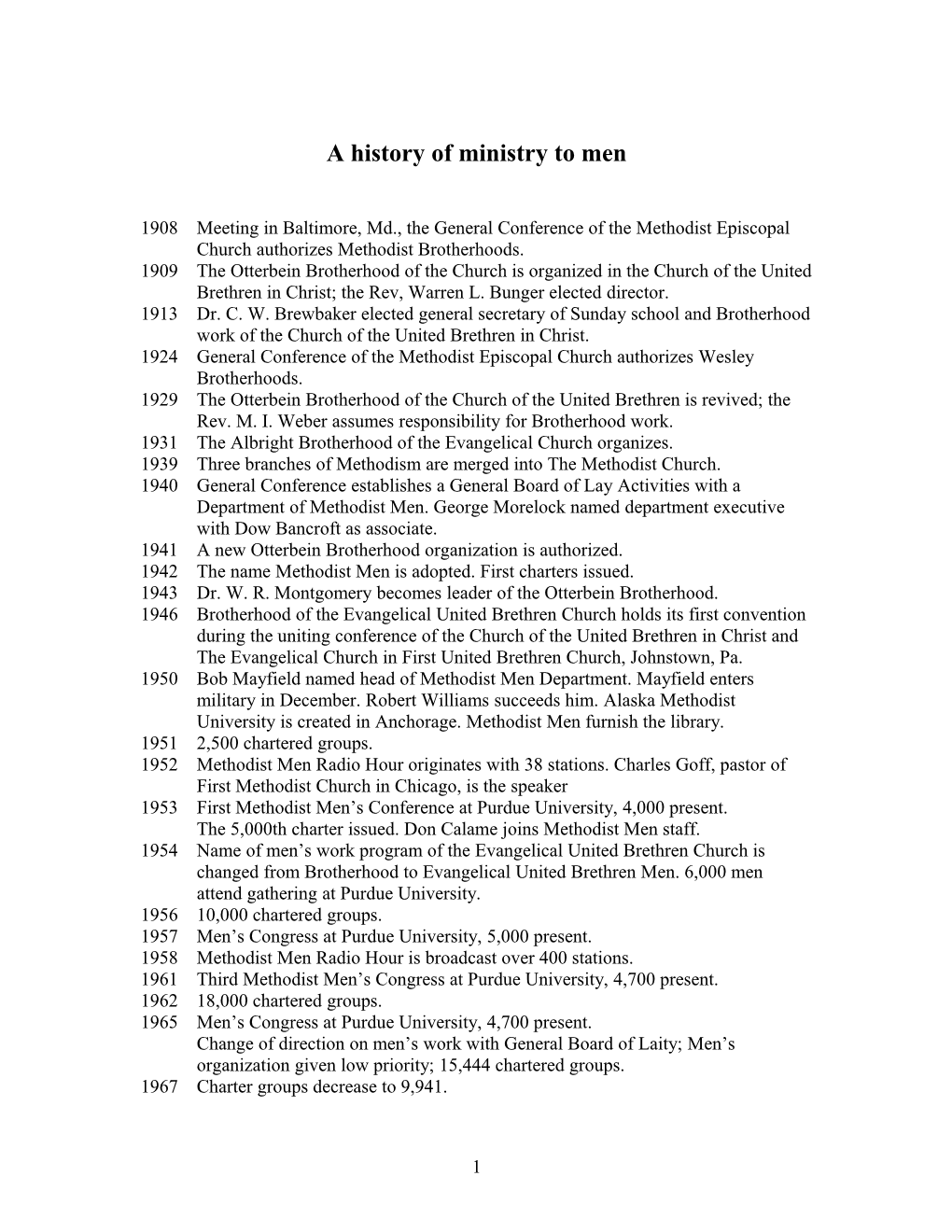 A Chronology of Methodist Men S Ministry