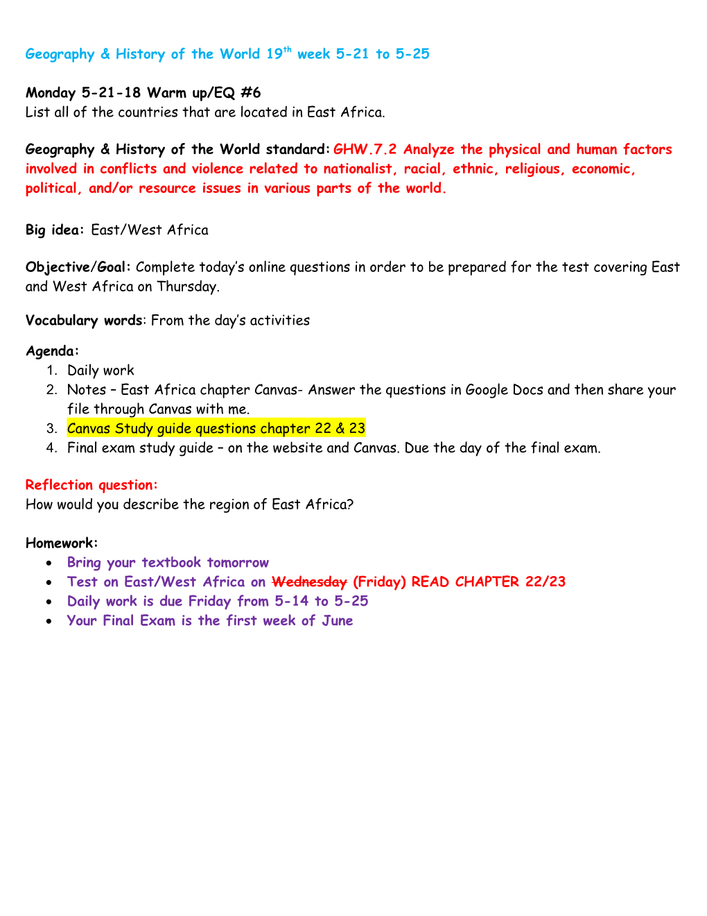 Geography & History of the World 19Th Week 5-21To 5-25