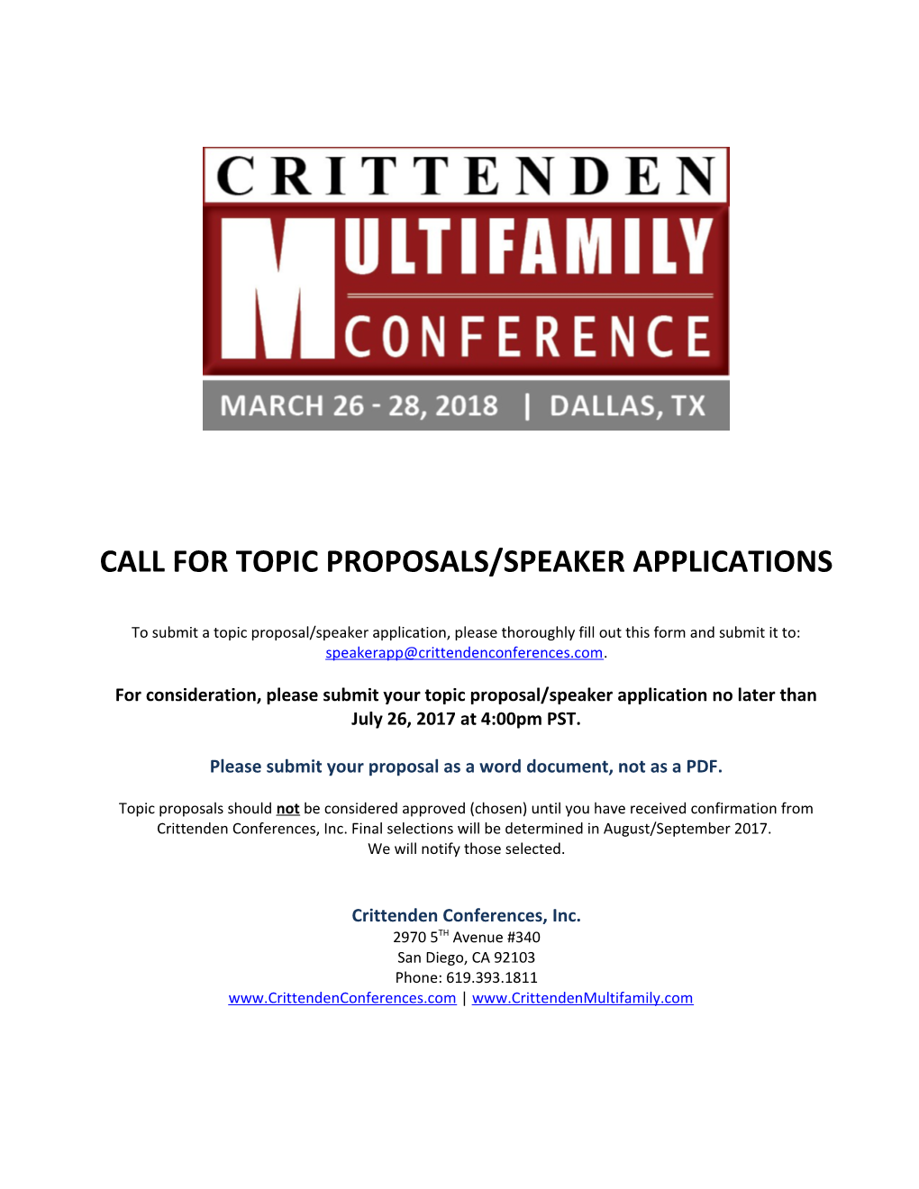Call for Topic Proposals/Speaker Applications