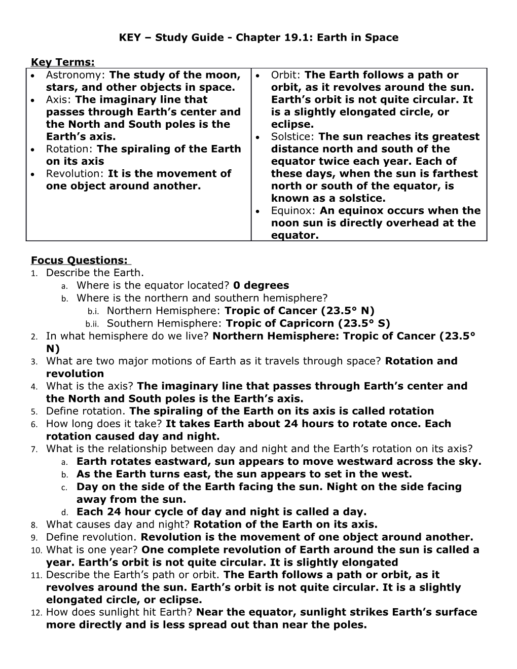 KEY Study Guide - Chapter 19.1: Earth in Space