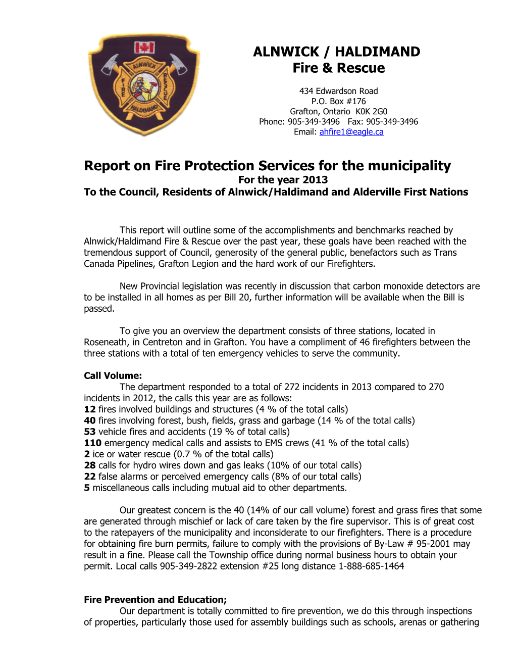 Report on Fire Protection Services for the Municipality