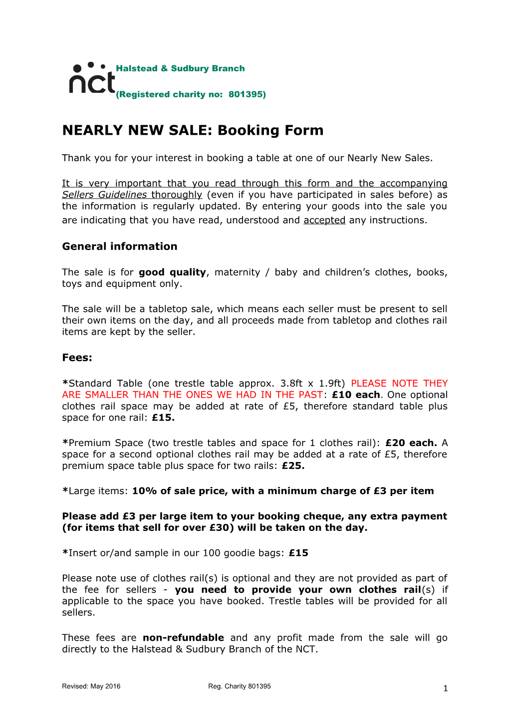 NEARLY NEW SALE: Booking Form