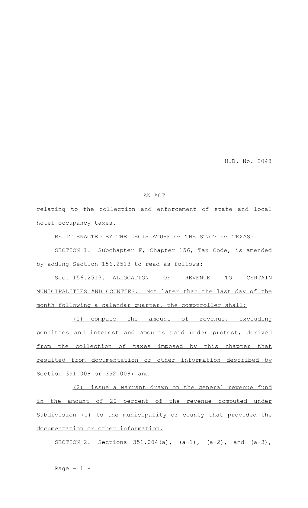 Relating to the Collection and Enforcement of State and Local Hotel Occupancy Taxes