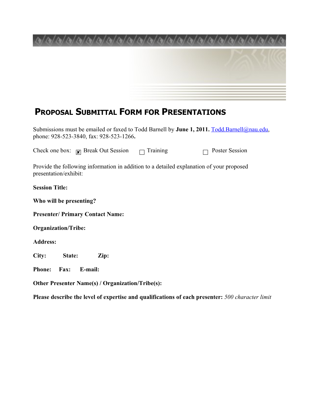 Proposal Submittal FORM for PRESENTATIONS