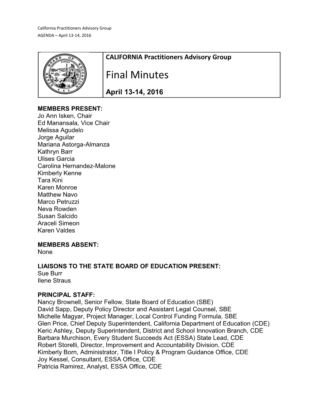 April 13 14, 2016 Meeting Minutes - CPAG (CA State Board of Education)