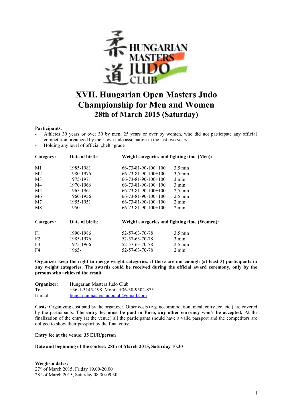4Th Hungarian Open Senior Judo Championships for Men and Women