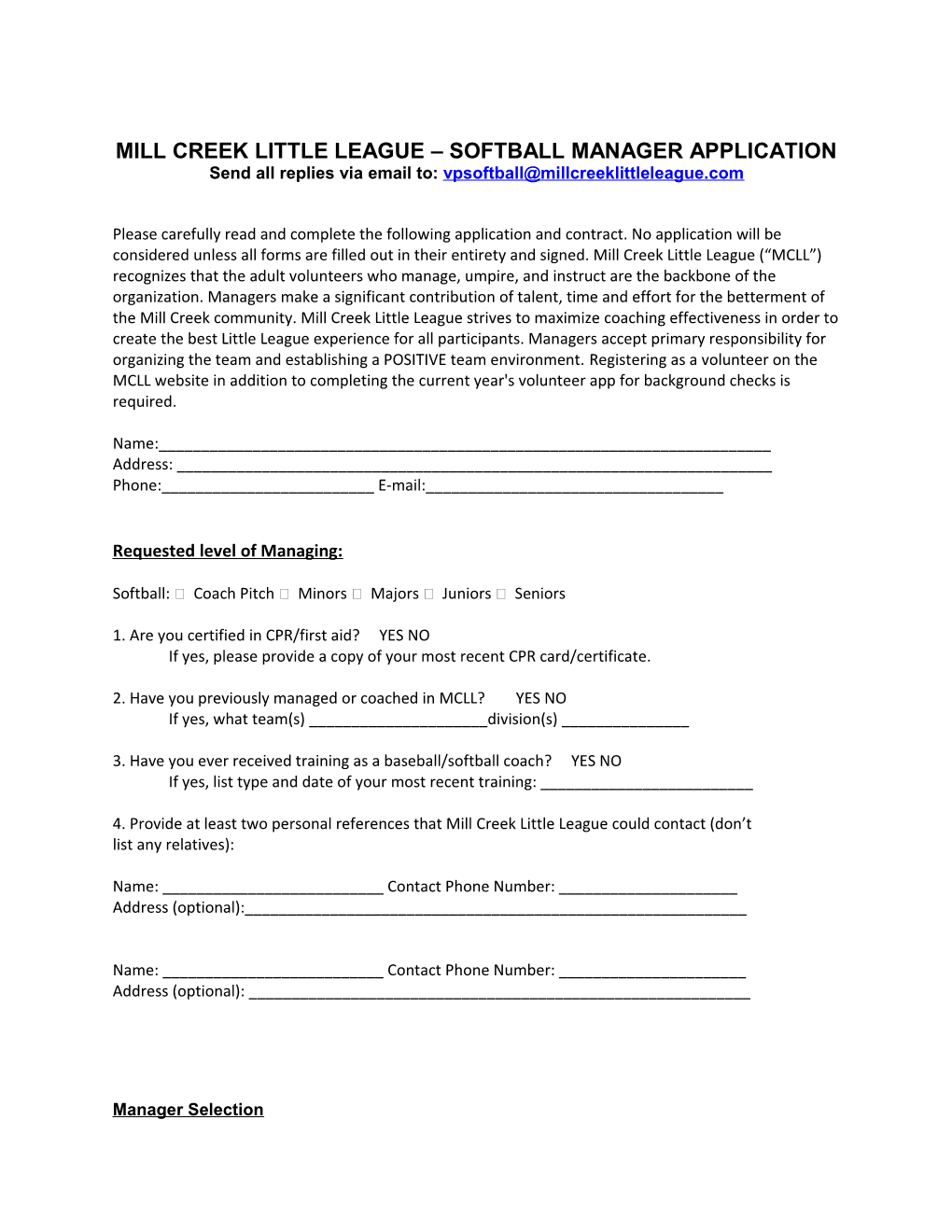 Mill Creek Little League Softball Manager Application