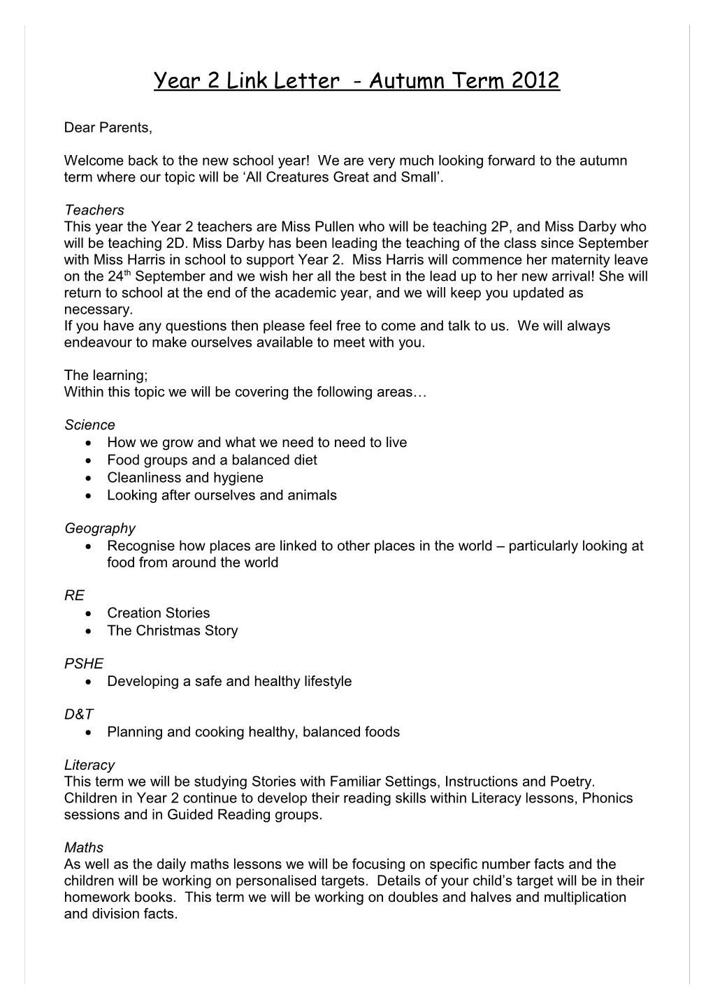 Year 2 Link Letter - Autumn Term 2011
