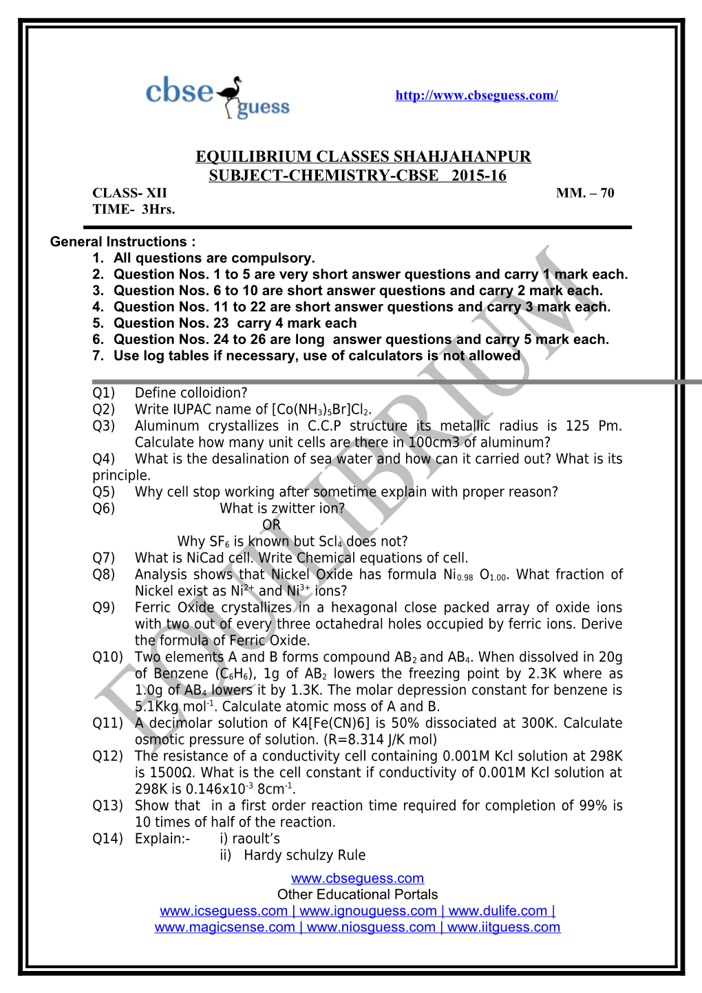 Equilibrium Classes Test of Ncert I