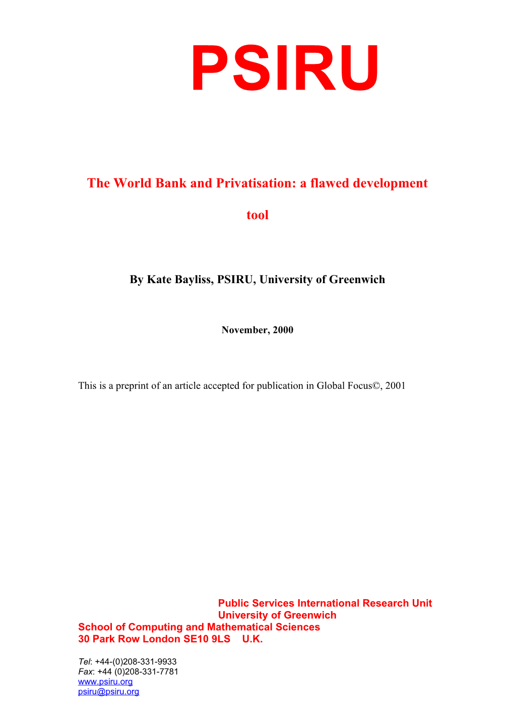 Global Focus Paper Critique of WB Privatisation Policy in SSA
