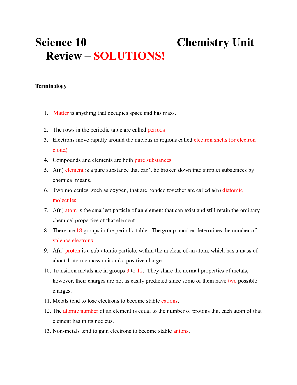 Science 10 Chemistry Unit Review SOLUTIONS