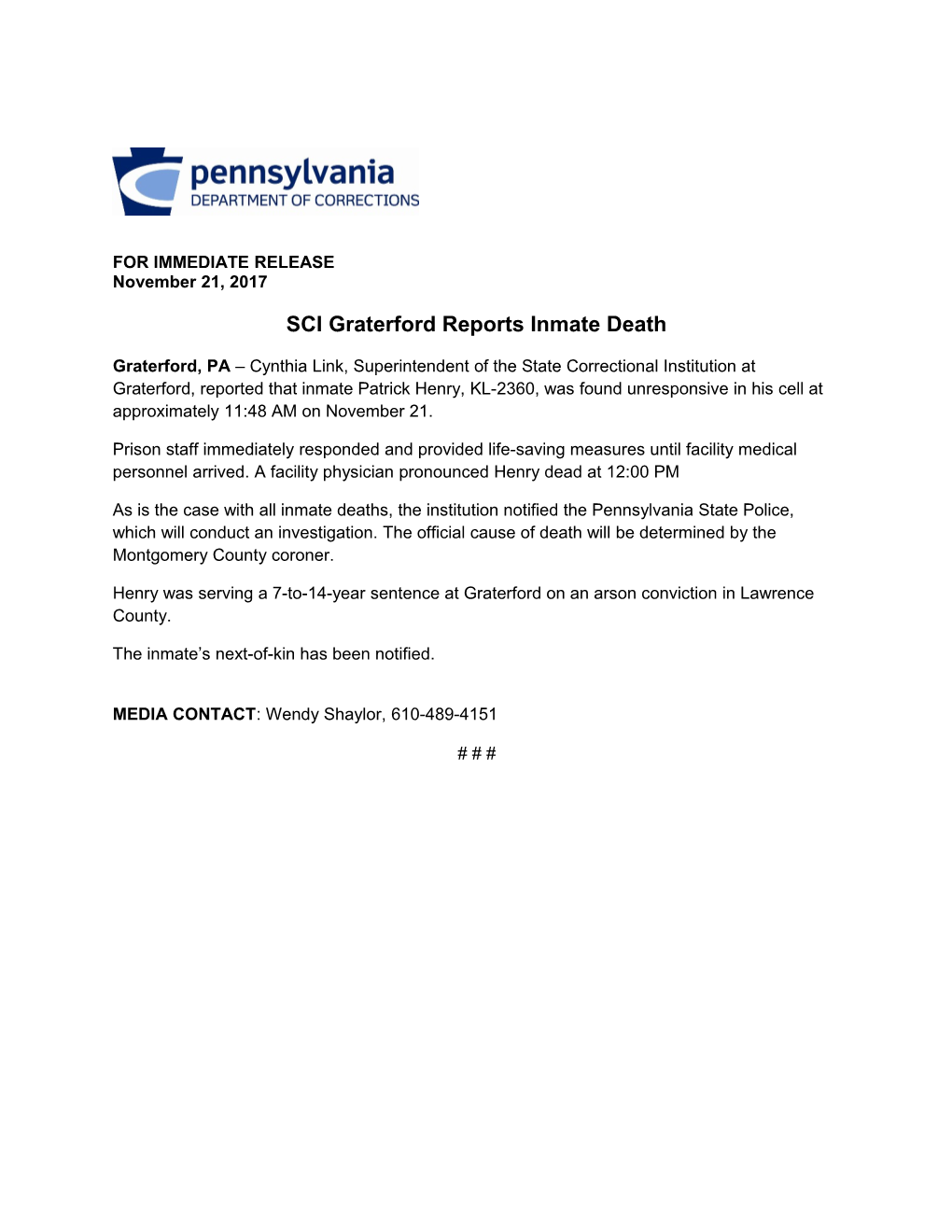 SCI Graterford Reports Inmate Death