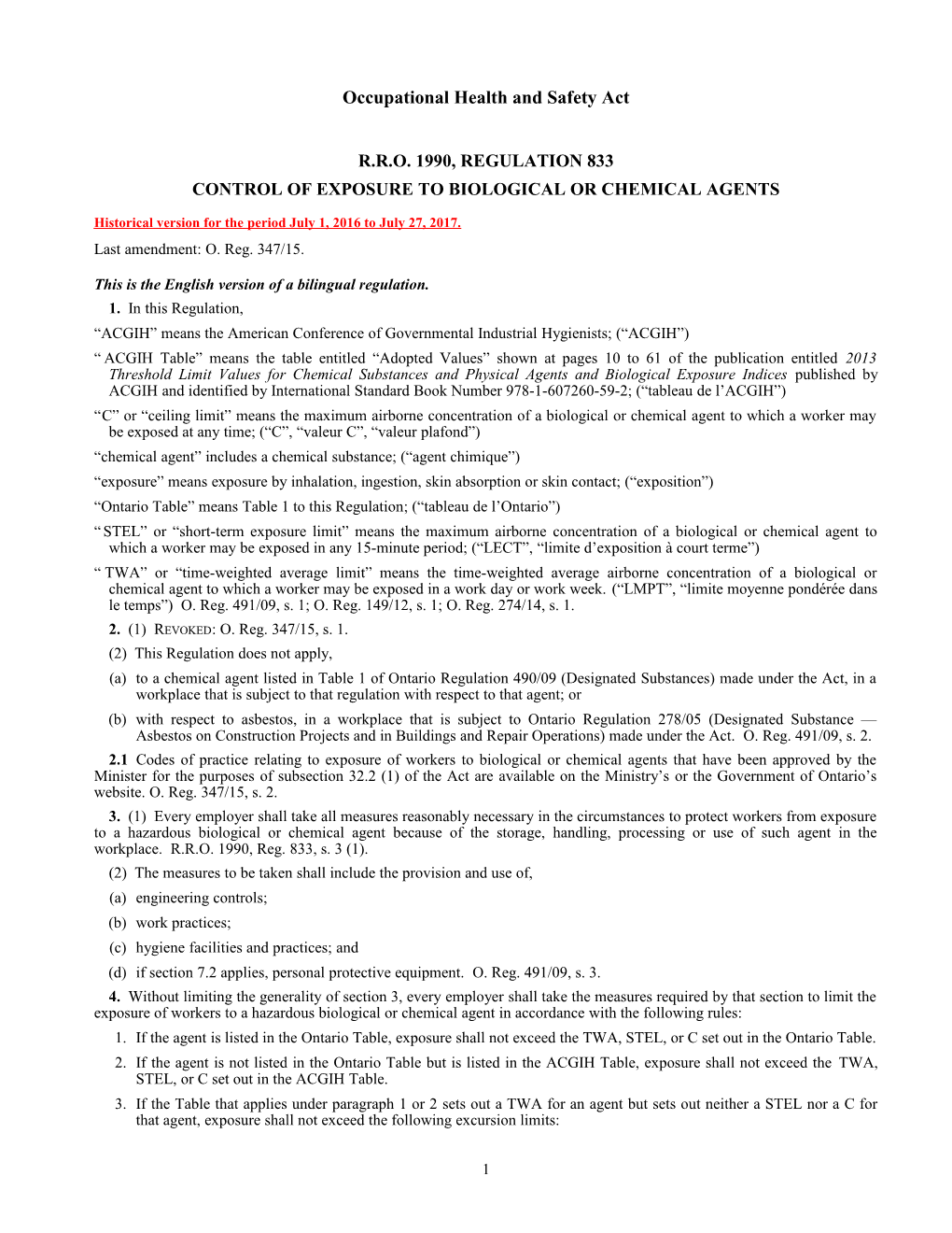 Occupational Health and Safety Act - R.R.O. 1990, Reg. 833