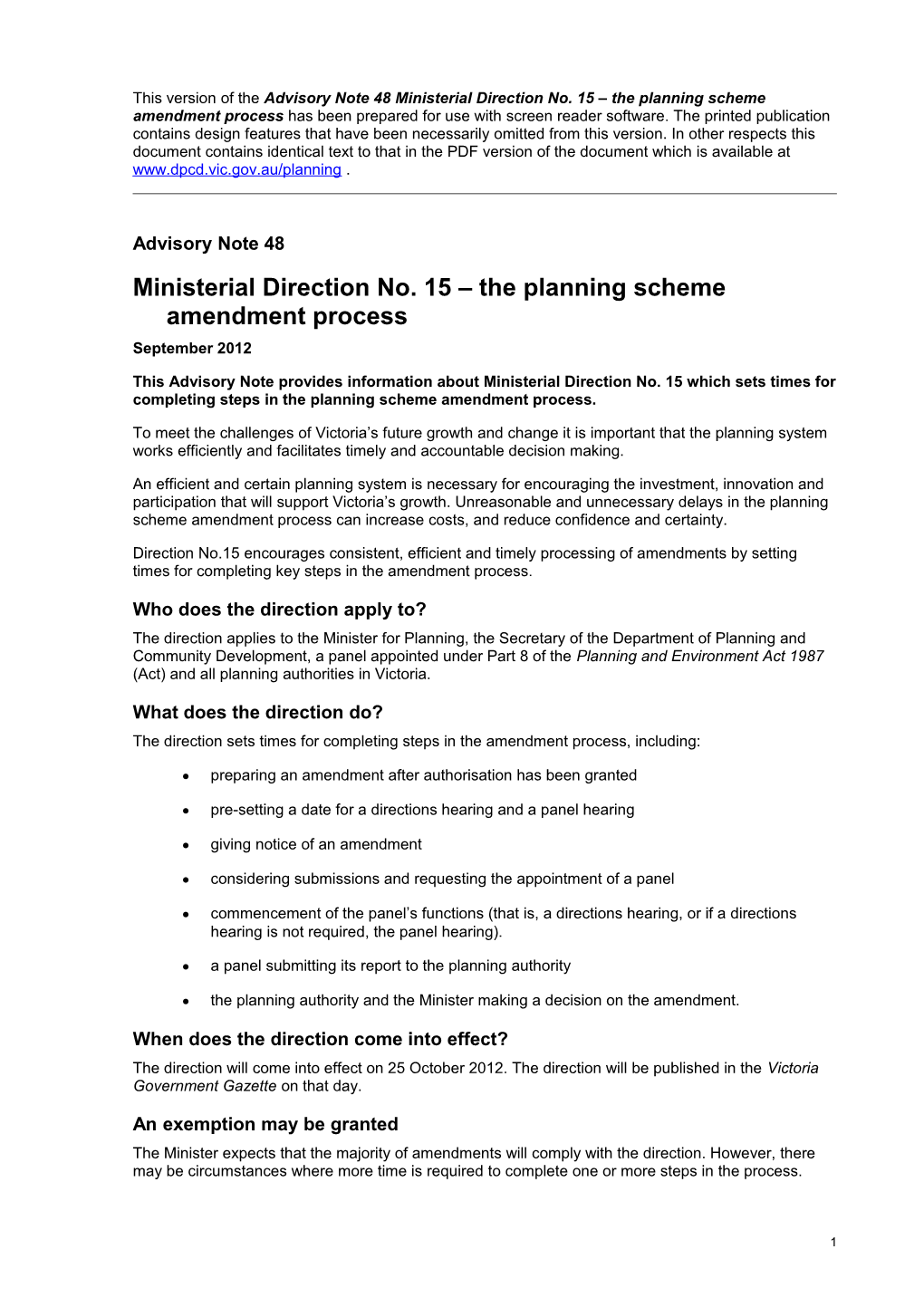 Advisory Note 48 Ministerial Direction No. 15 the Planning Scheme Amendment Process