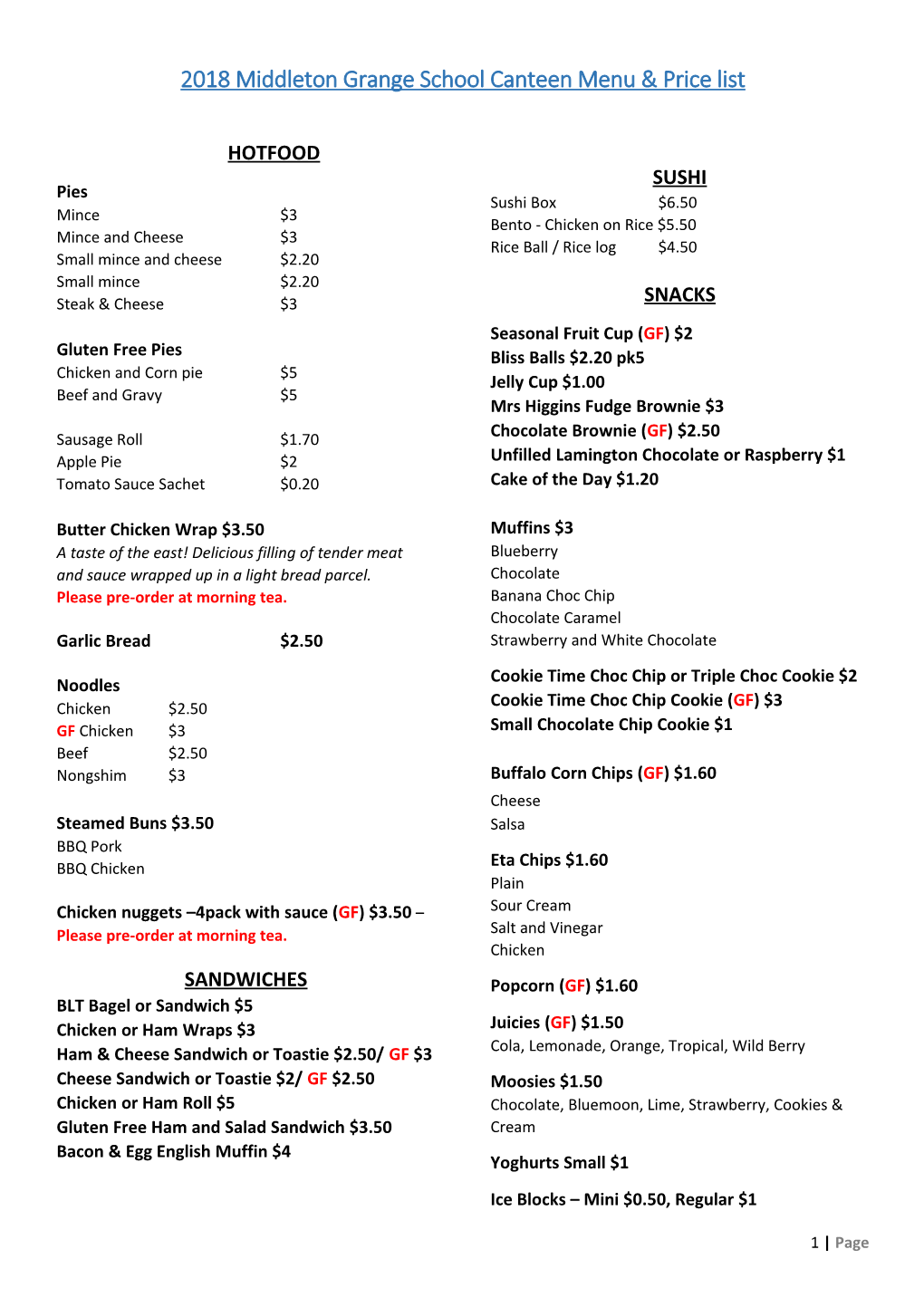 2018 Middleton Grange School Canteen Menu & Price List