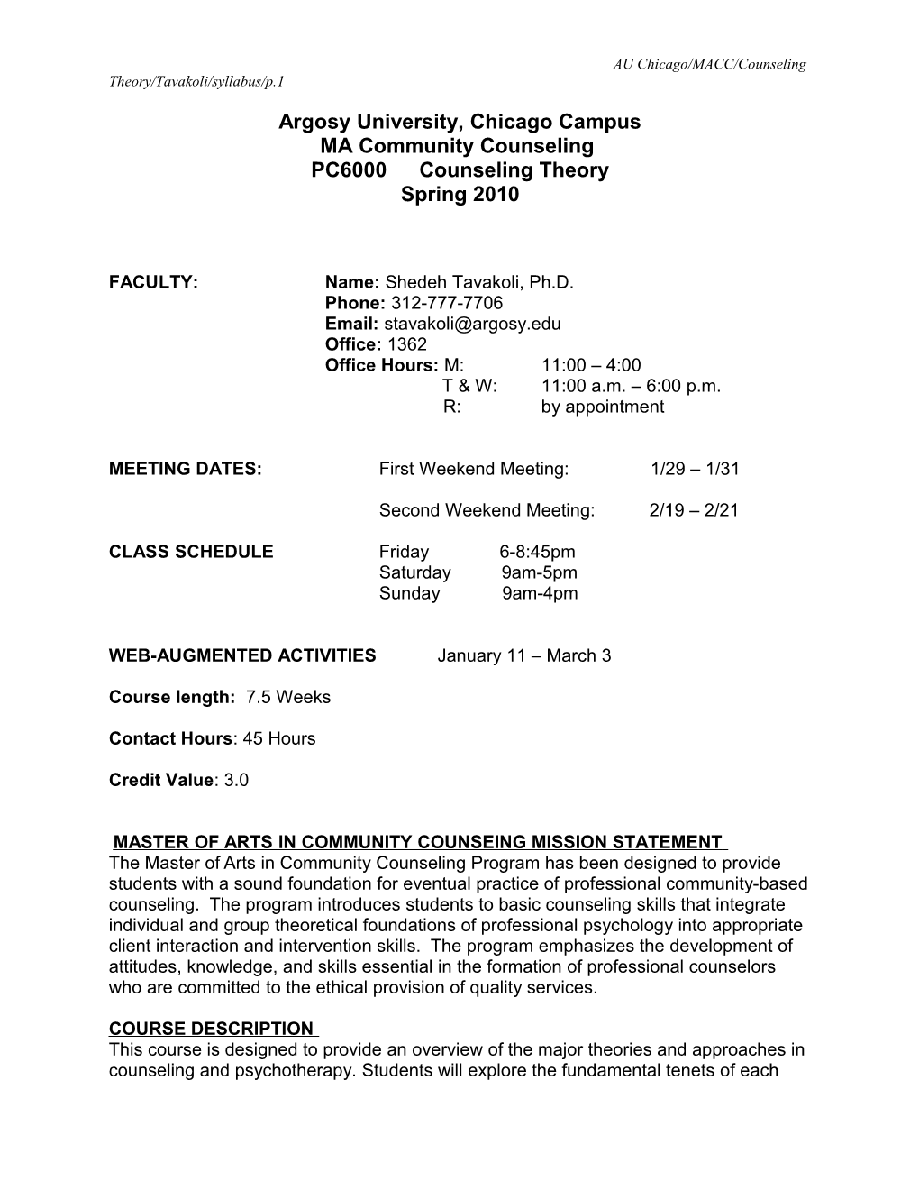 AU Chicago/MACC/Counseling Theory/Tavakoli/Syllabus/P.1