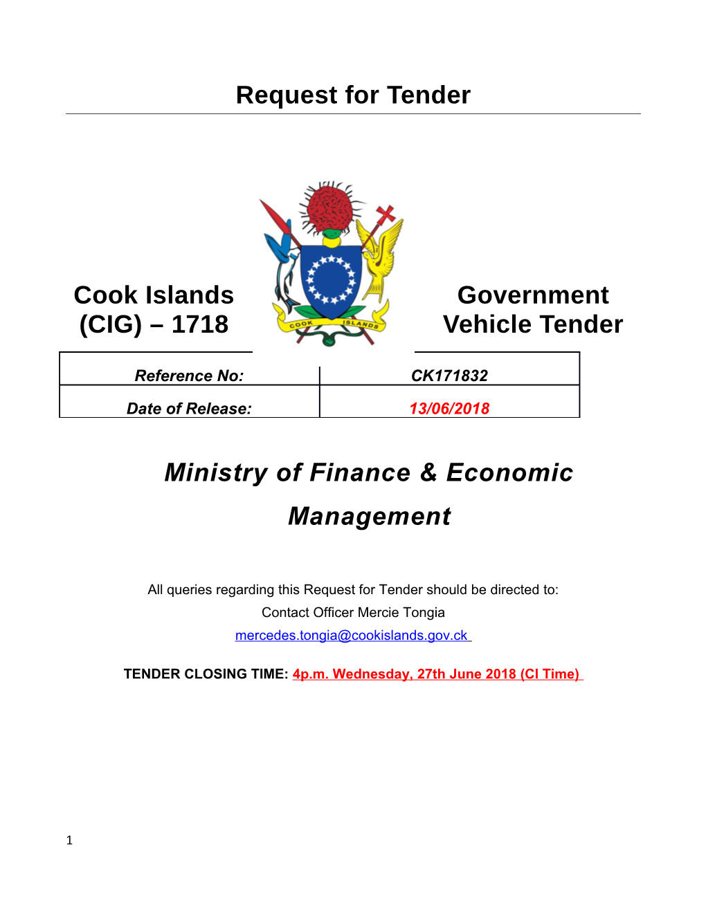 Cook Islands Government (CIG) 1718 Vehicle Tender