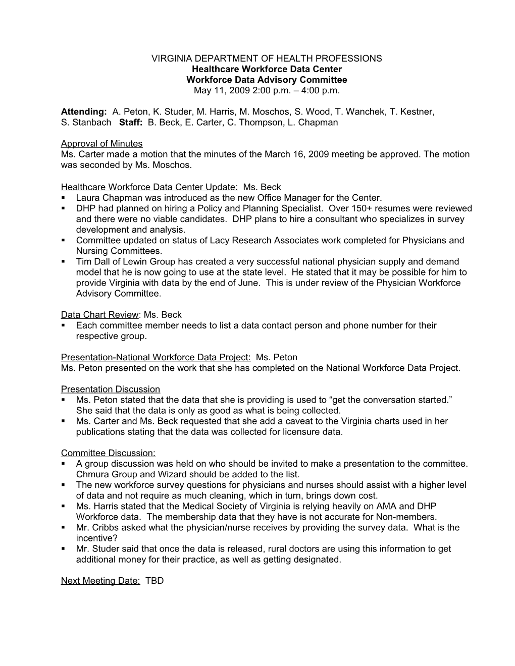 Workforce Advisory Committee Minutes 05-11-2009