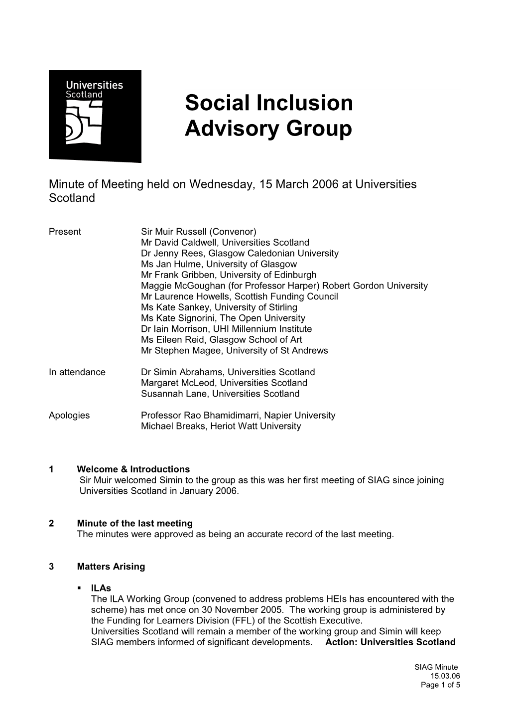 Minute of Meeting Held on Wednesday, 15 March 2006 at Universities Scotland