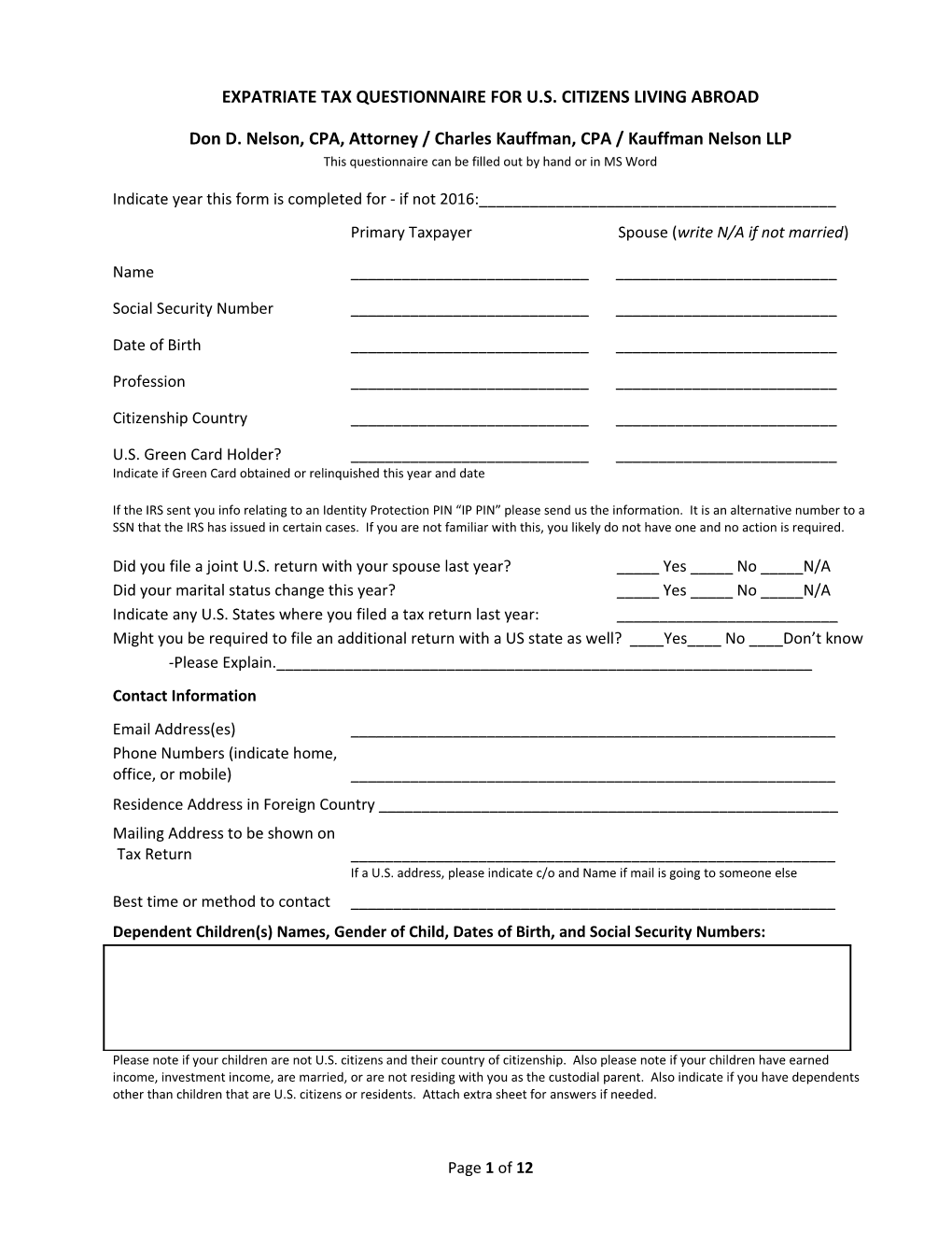 Expatriate Tax Questionnaire for U.S. Citizens Living Abroad