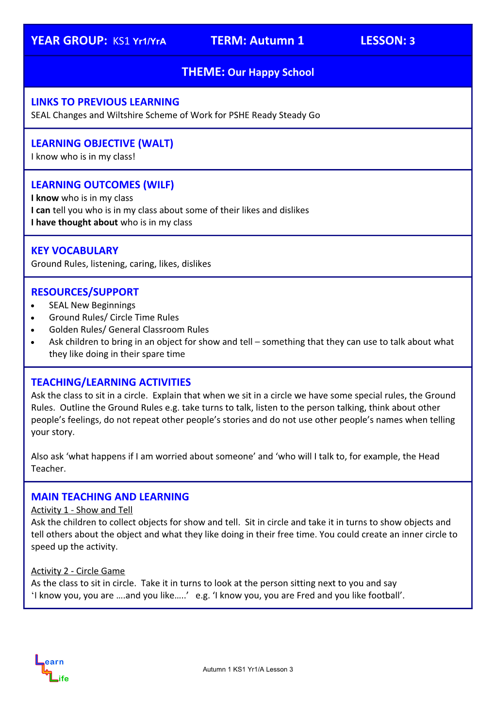 YEAR GROUP: LKS2 TERM: Autumn LESSON: 1 s3