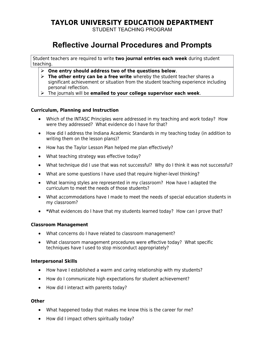 Questions for Student Teaching Journal Entries