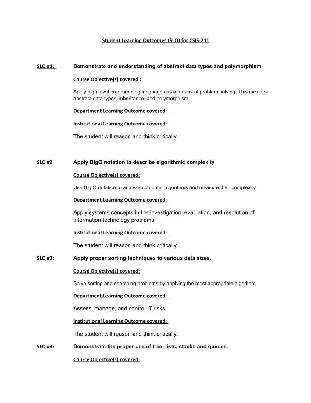 Student Learning Outcomes (SLO) for CSIS-211