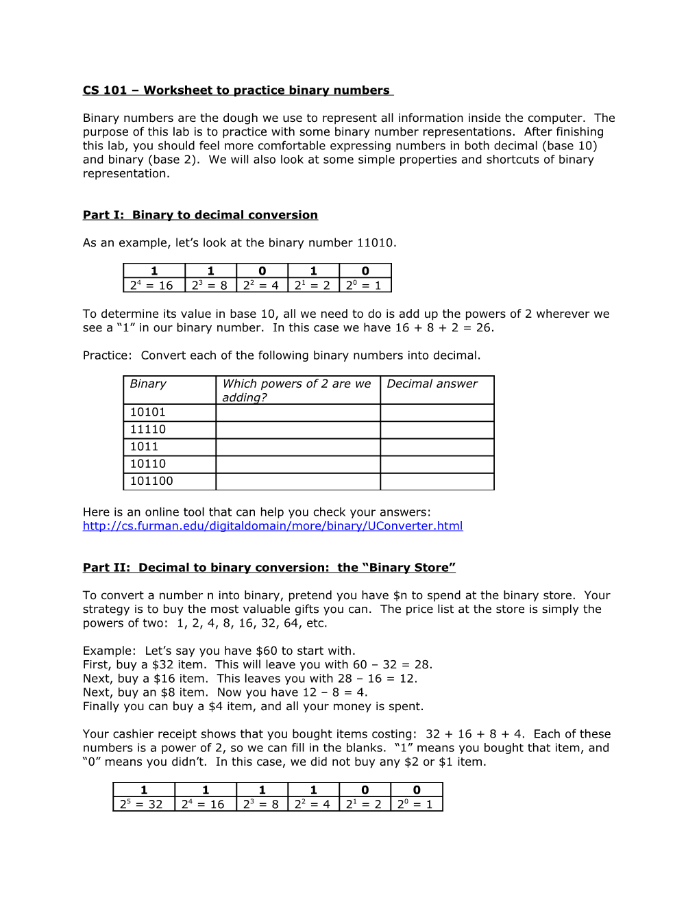 CS 101 Worksheet to Practice Binary Numbers