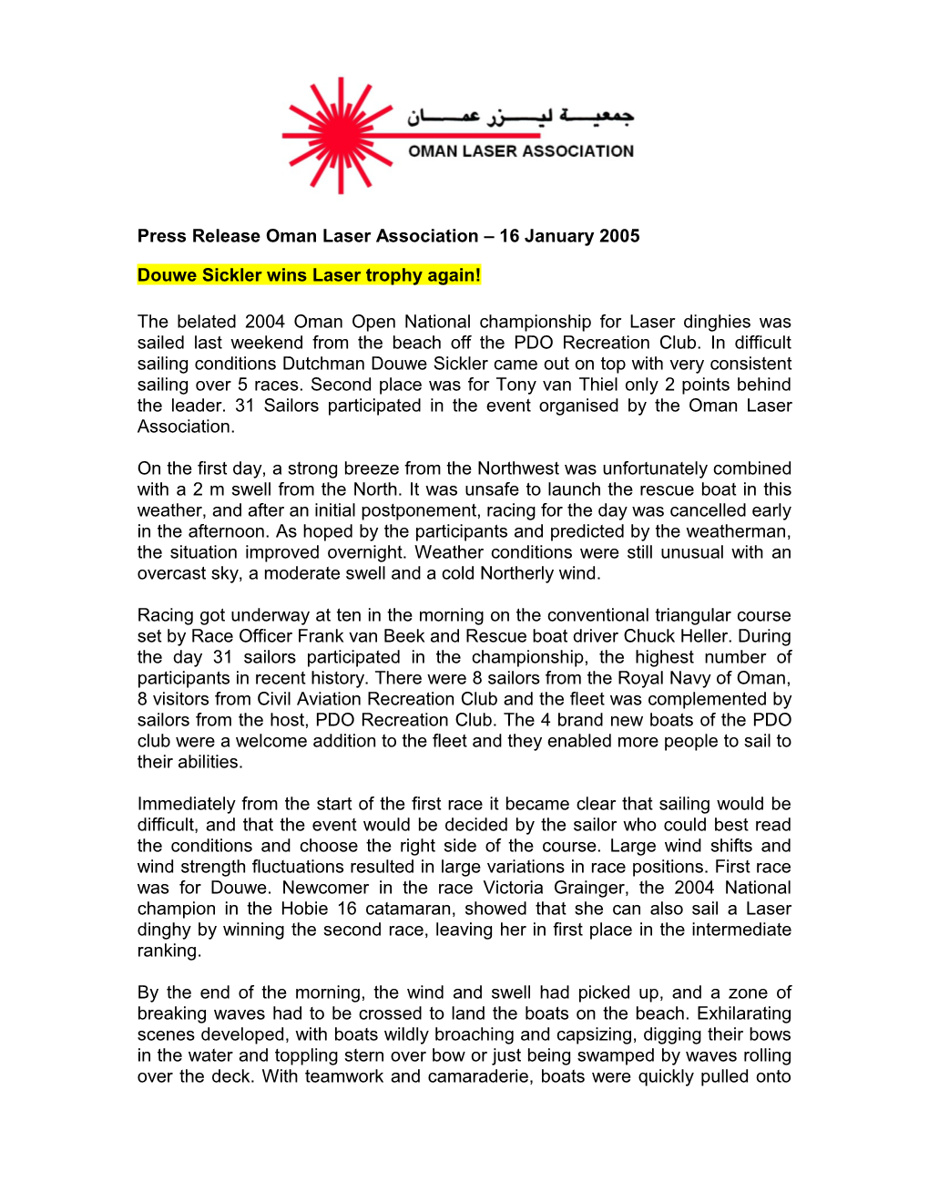 Press Release Oman Laser Association 29 October 2001
