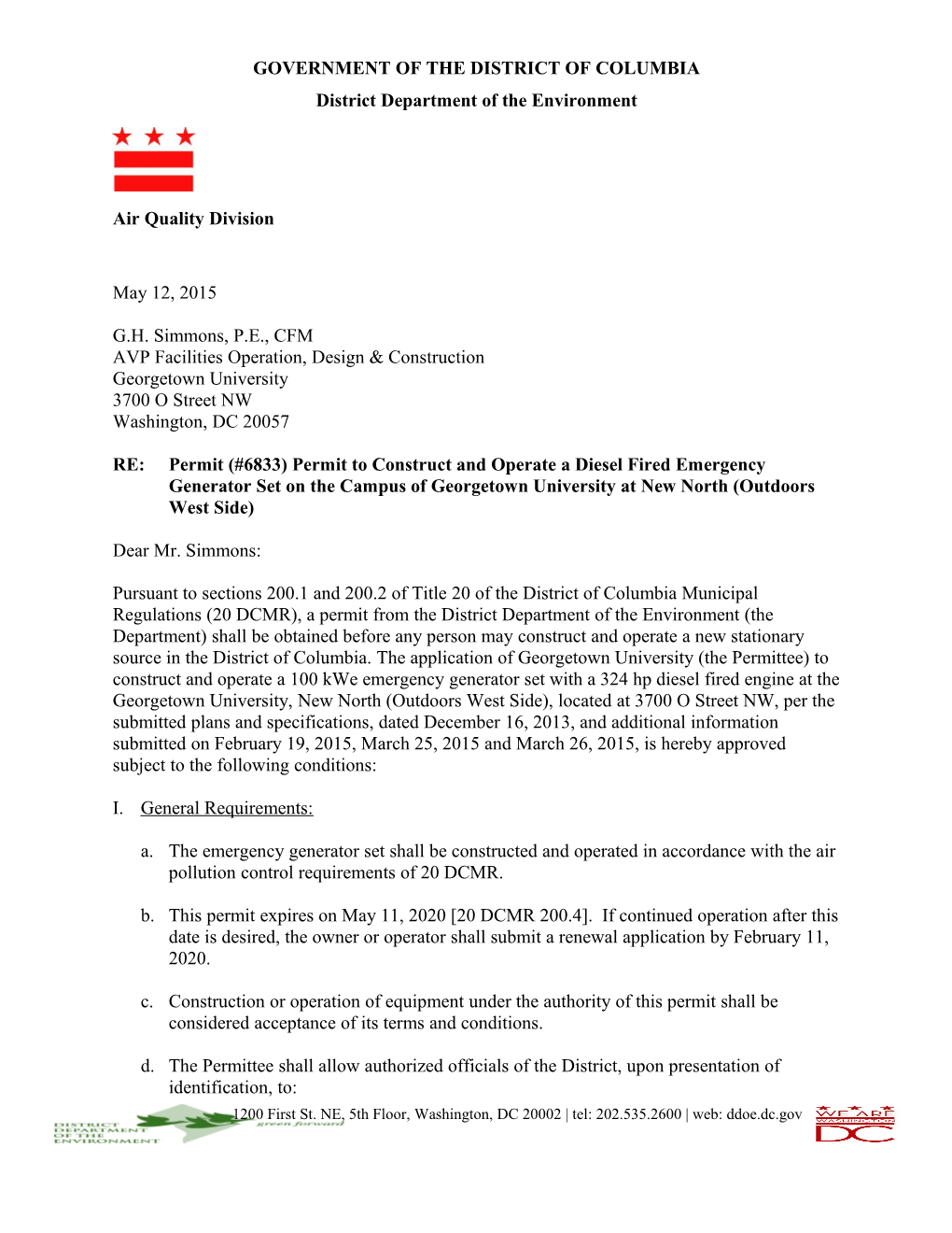 Permit (#6833) to Construct and Operate a Diesel Fired Emergency Generator