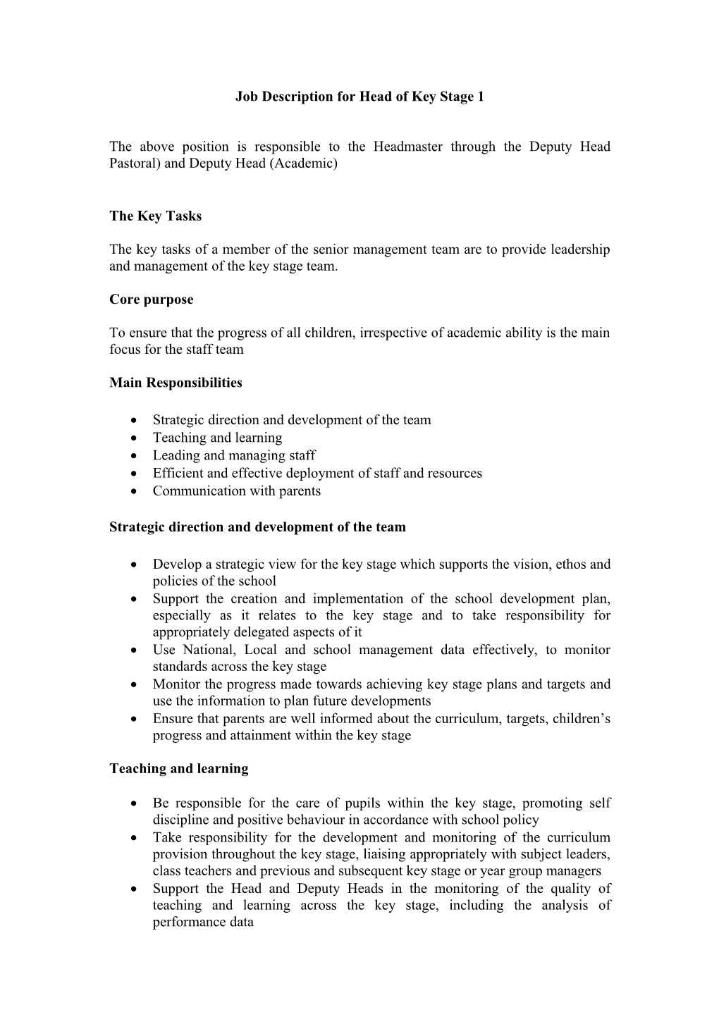 Example Job Description for Head of Year/Key Stage