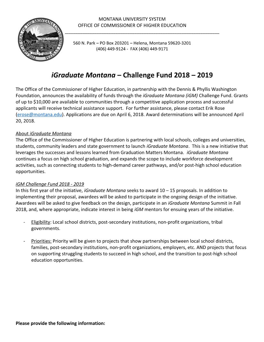 Igraduate Montana Challenge Fund 2018 2019