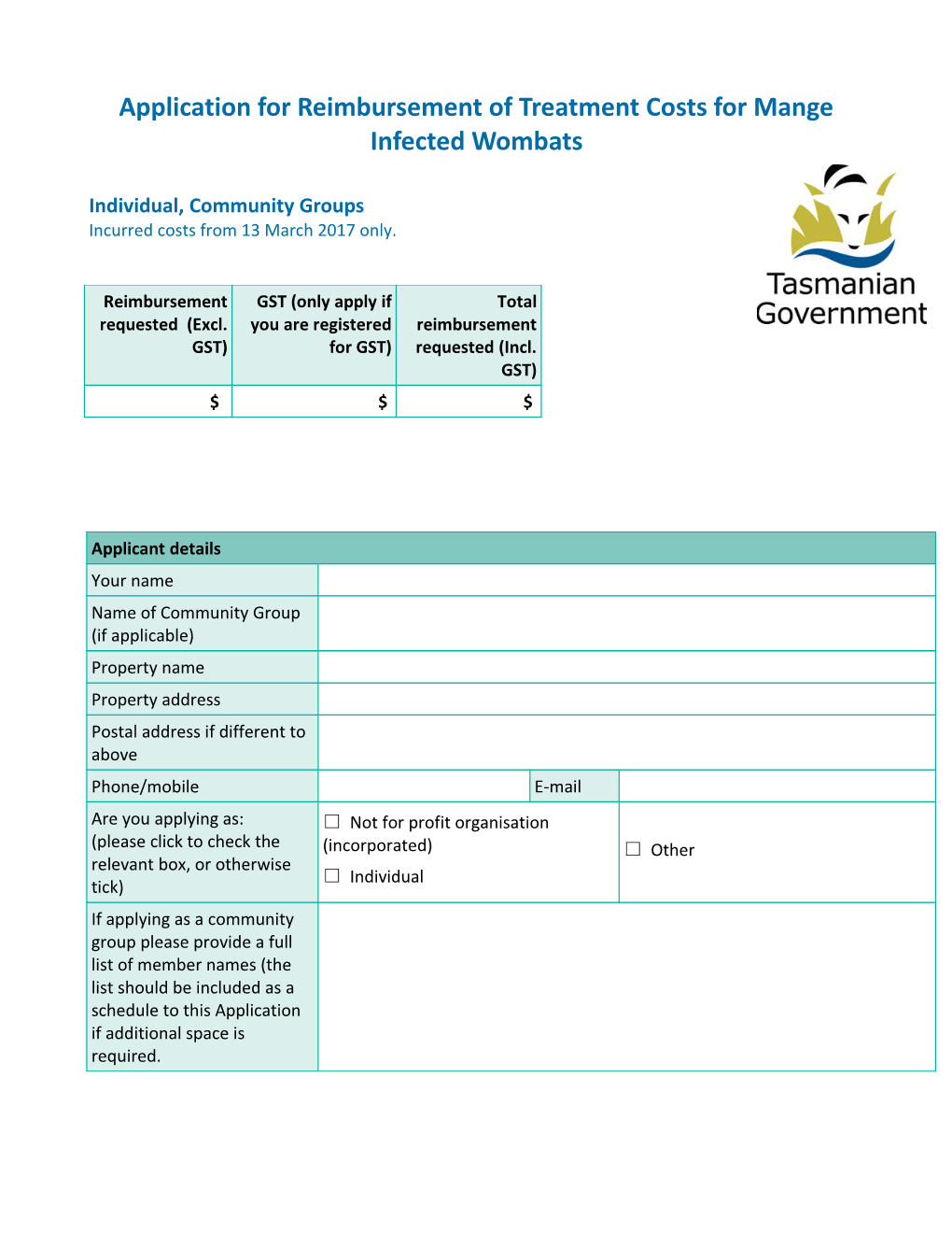 Application Form Reimbursement of Costs Wombat Mange