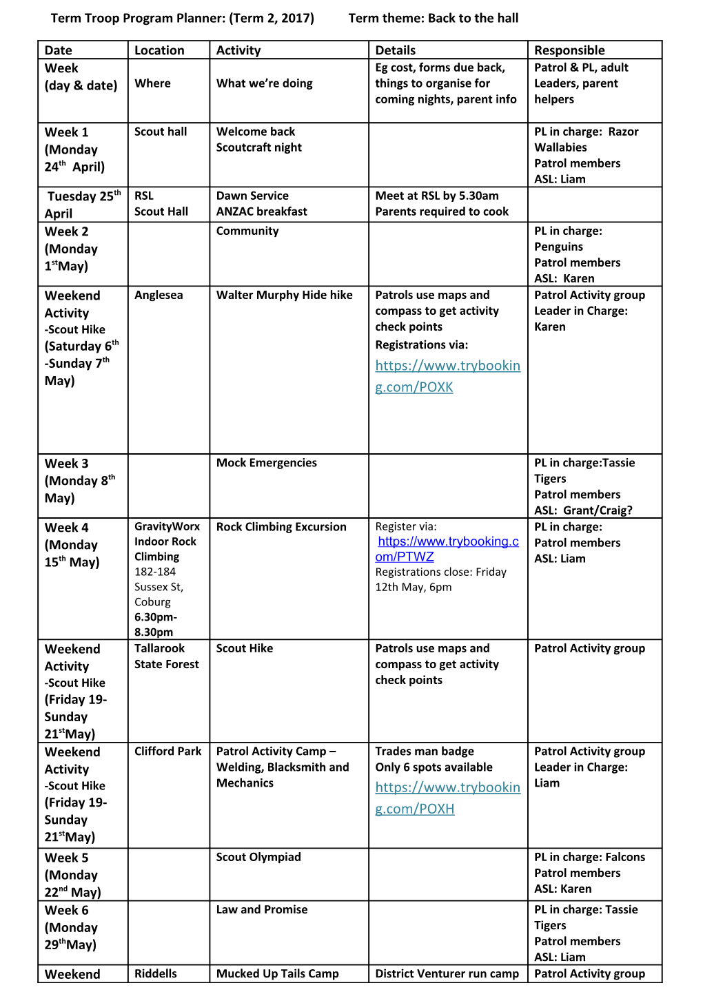 Term Troop Program Planner: (Term 2, 2017) Term Theme: Back to the Hall