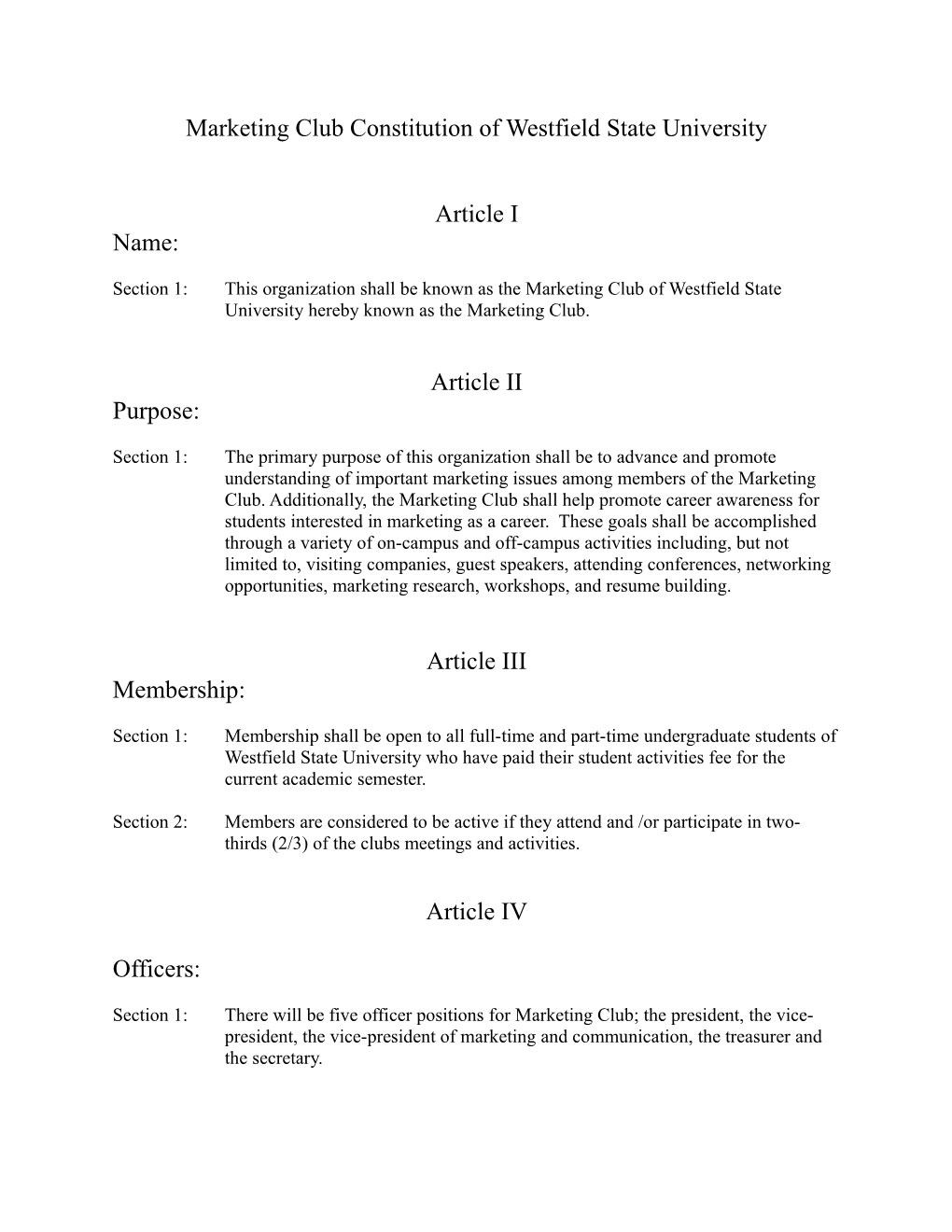 Marketing Club Constitution of Westfield State University
