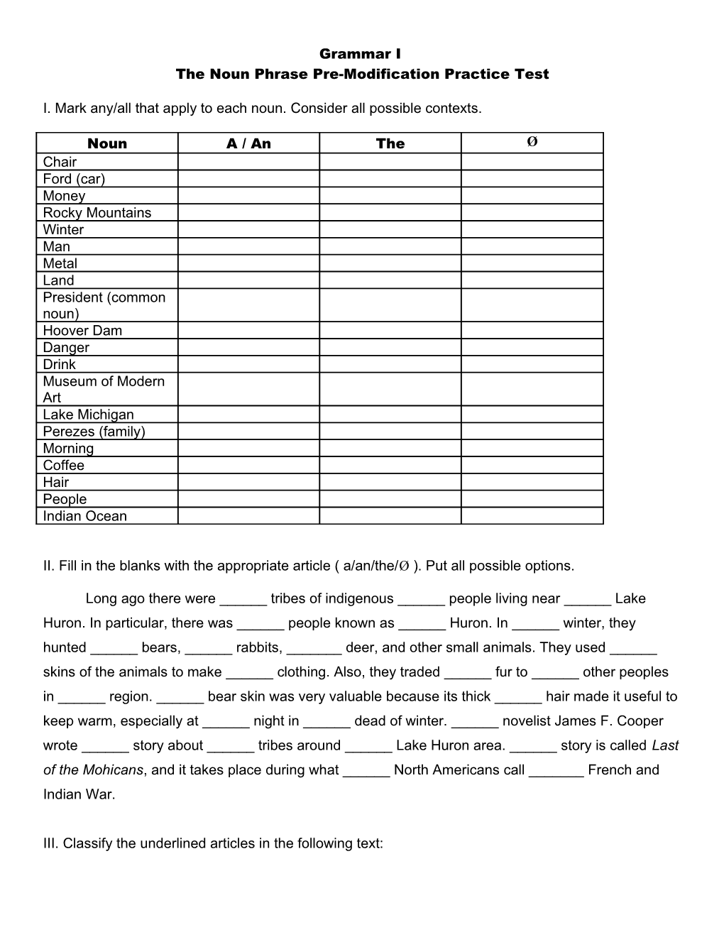 Grammar I The Noun Phrase Pre-Modification Practice Test