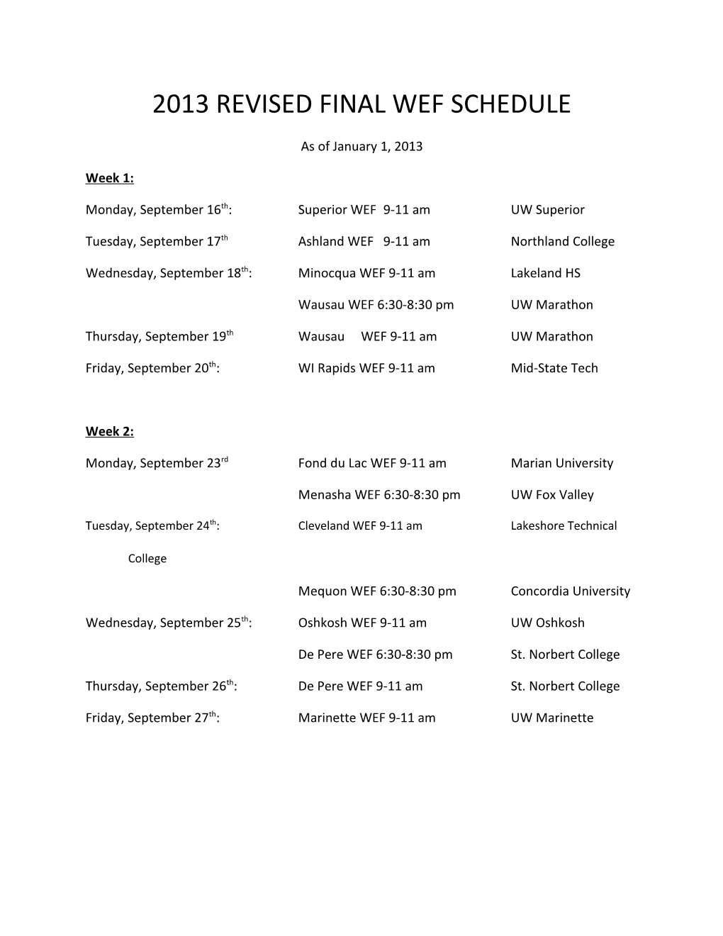 2013 Revised Final Wef Schedule