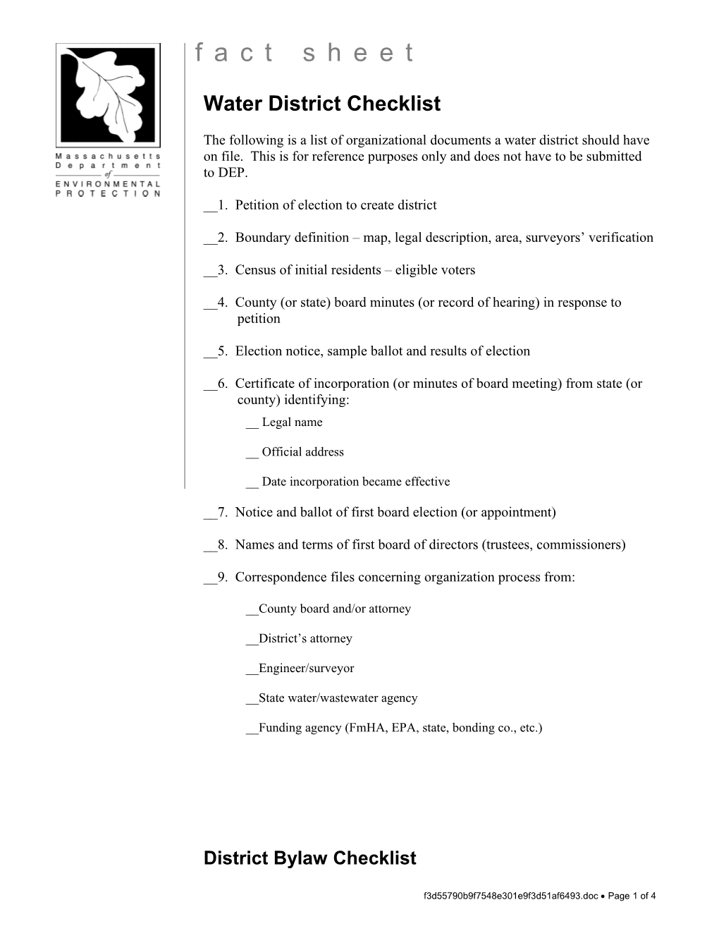 Water District Checklist
