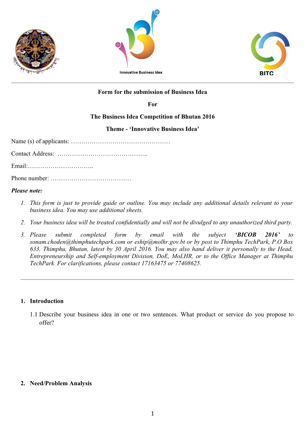 Form for the Submission of Business Idea s1
