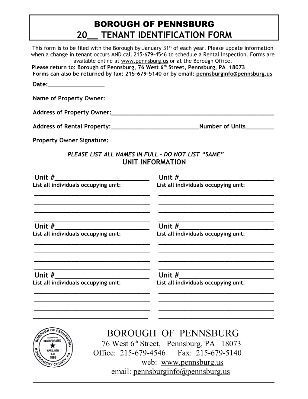 Please Return To: Borough of Pennsburg, 76 West 6Th Street, Pennsburg, PA 18073