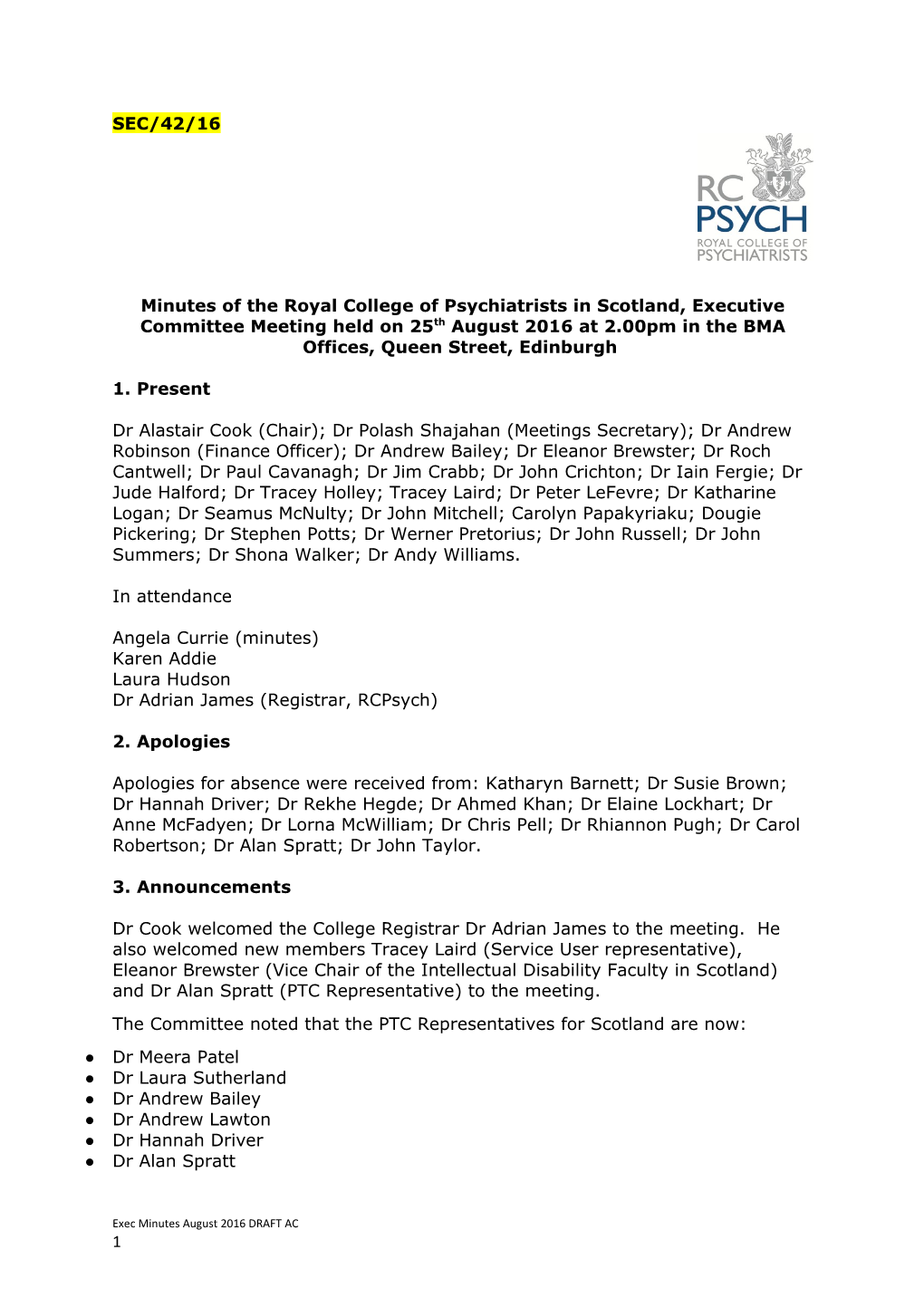 Minutes of the Royal College of Psychiatrists in Scotland, Executive Committee Meeting
