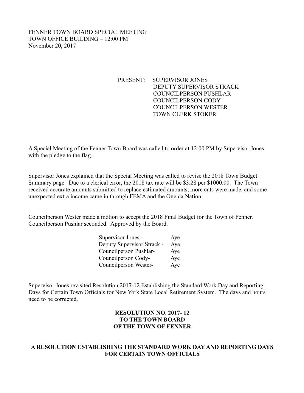 Fenner Town Board Special Meeting